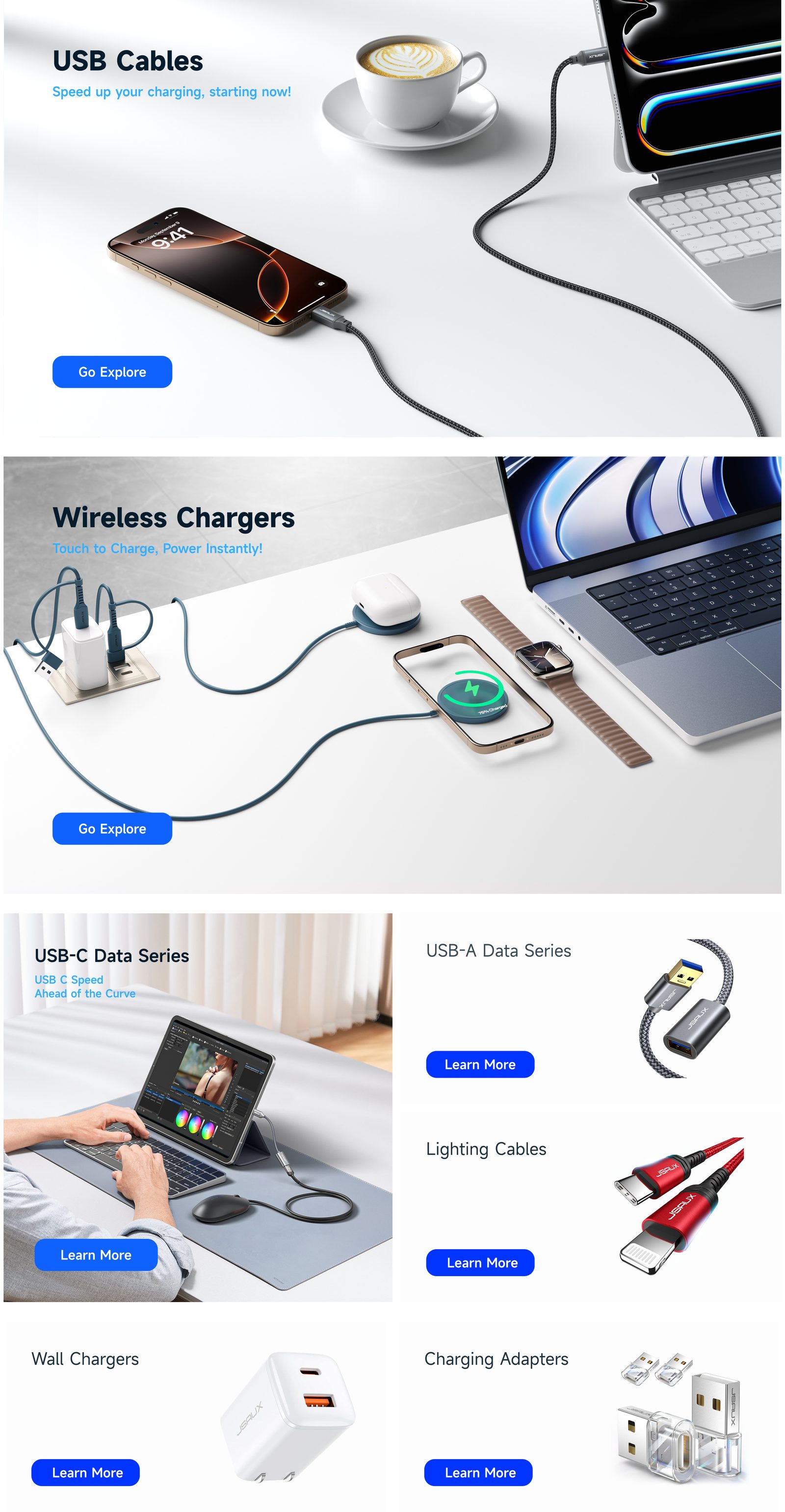 JSAUX 亚马逊充电与线材二级页：USB 数据线、无线充与充电器