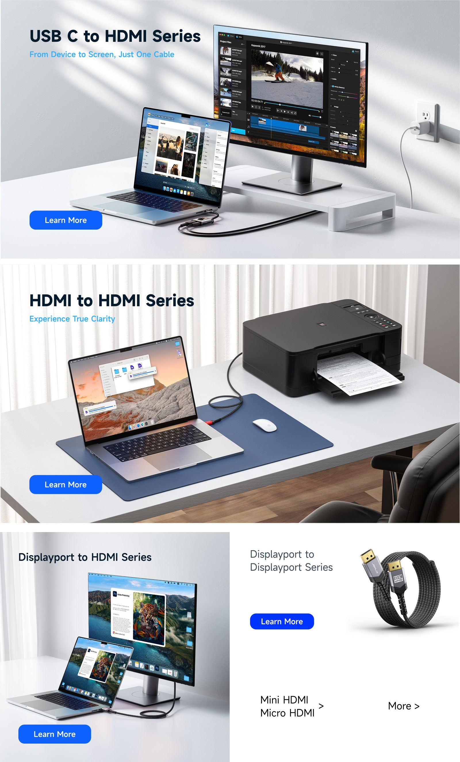 JSAUX 亚马逊视频线材二级页：USB-C to HDMI、HDMI 与 Displayport 系列