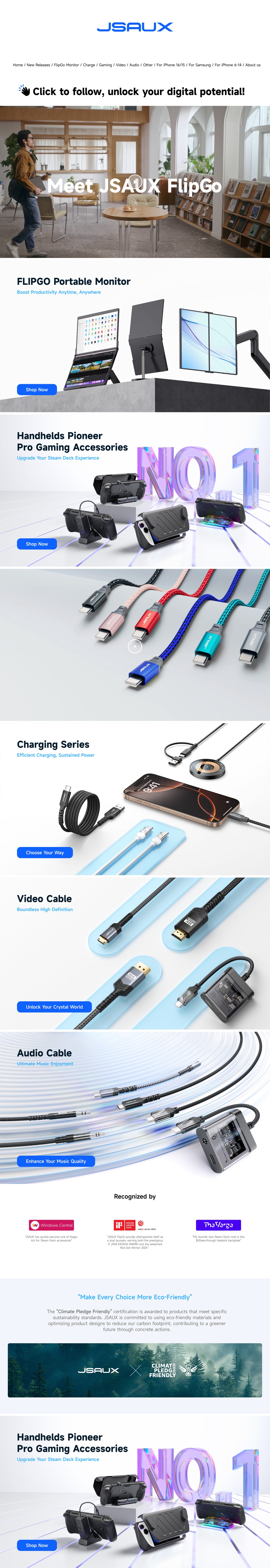 JSAUX 亚马逊旗舰店首页：品牌叙事、FlipGo 主推、掌机配件与各品类栏目